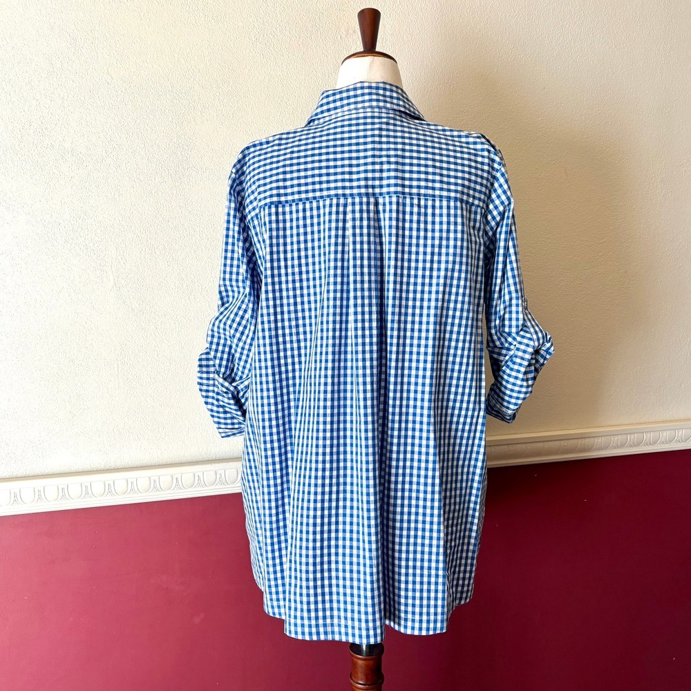 Joan Rivers Cotton Poplin Gingham Button Up Tunic Top Size 1X Blue White Pockets - Picture 3 of 12